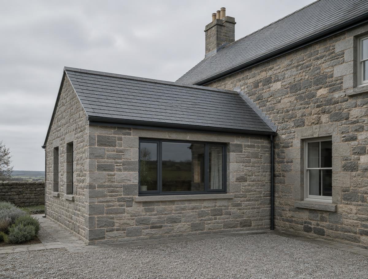 Stone extension with slate roof joined to an older stone house