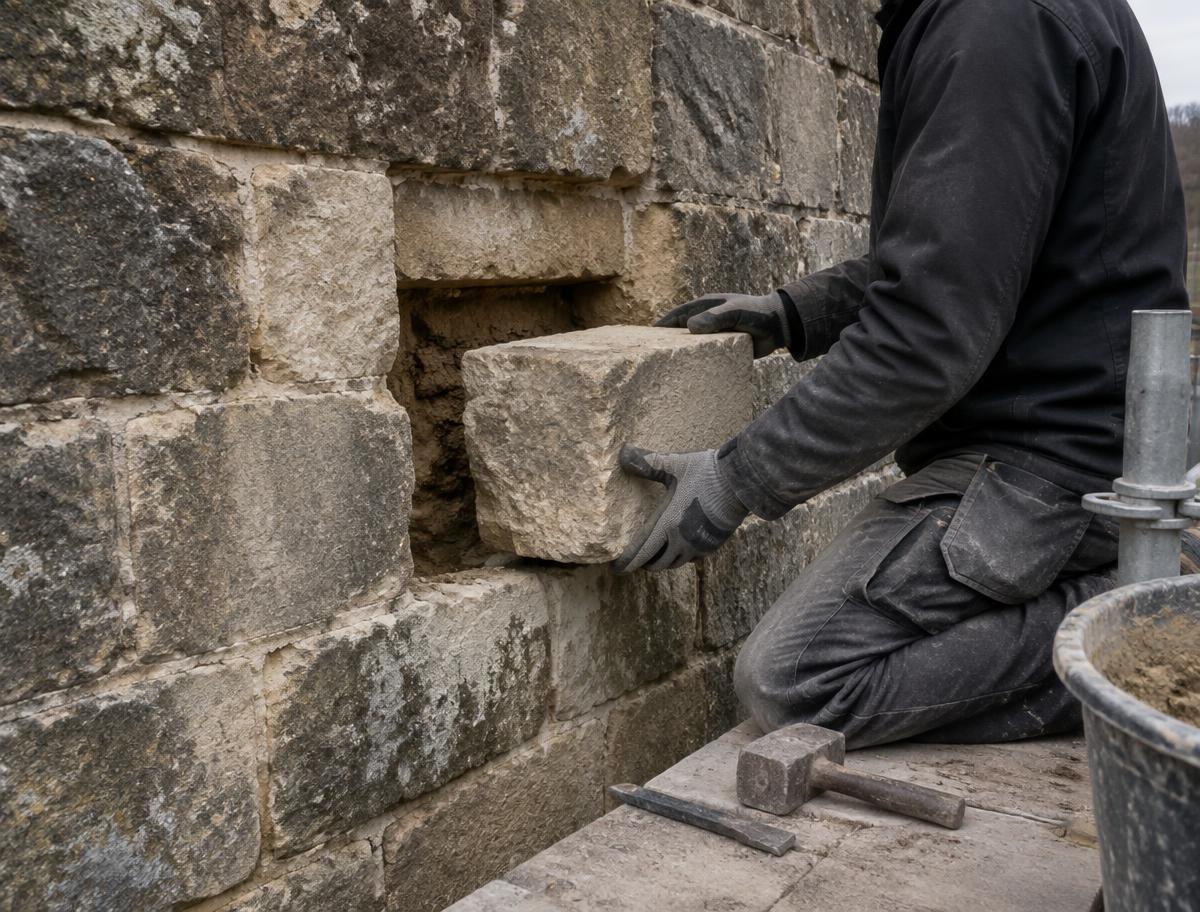 Stonemason setting a new dressed sandstone indent into a weathered historic wall